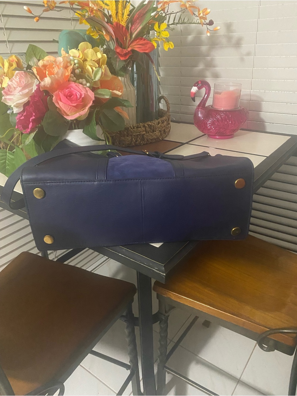 Fossil Cameron Navy Blue Leather Tote with Key Charm - Picture 5 of 7